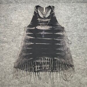 American Age Womens XL Acid Wash Rhinestone Cross Fringe Racerback Tank Top